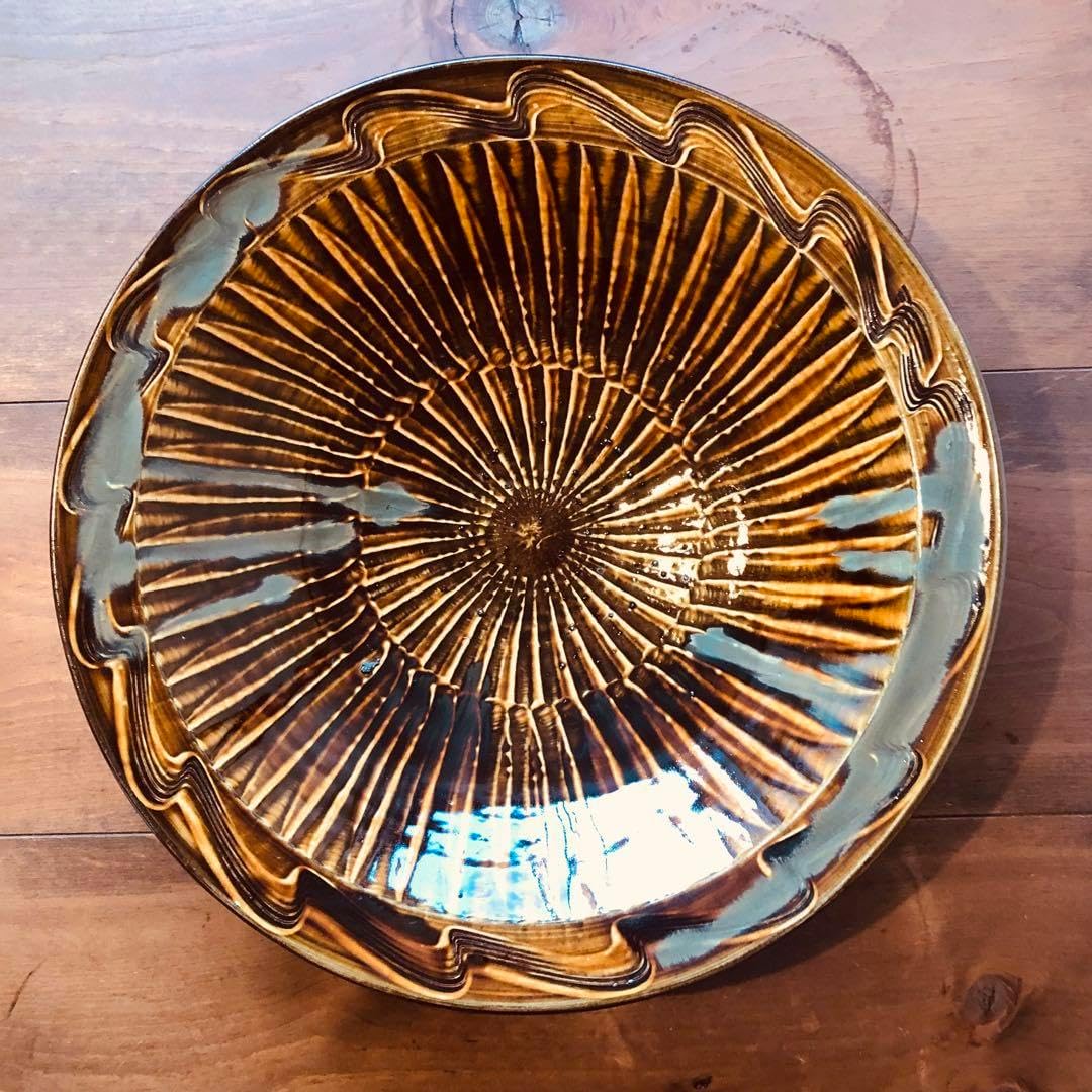 小鹿田焼坂本浩二窯の飴釉刷毛目櫛描尺四寸大皿　大分民藝　検）坂本茂木 小鹿田焼坂本浩二窯の飴釉刷毛目櫛描尺四寸