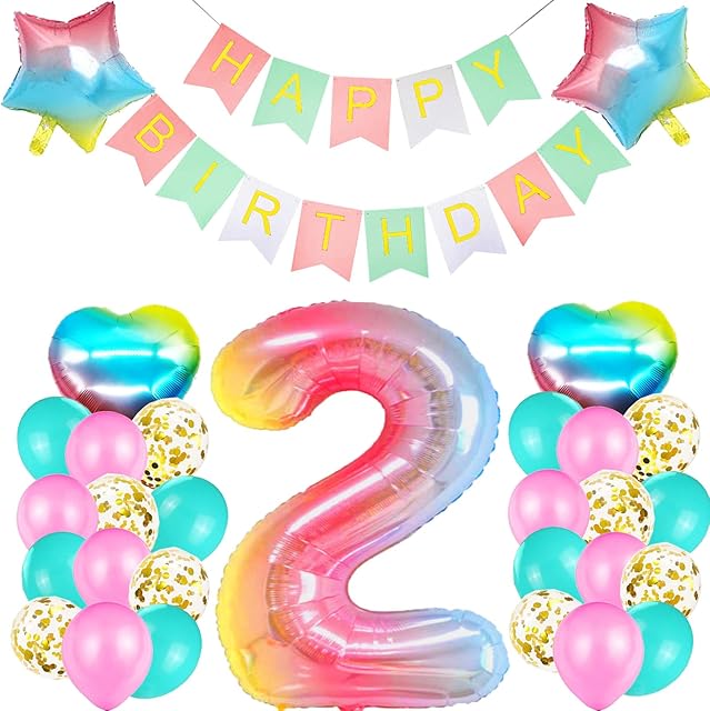2nd Birthday Decorations for Girls, Rainbow Number 2 Balloon Gradient Heart Star Balloons, Pastel Happy Birthday Banner, Pink Blue Gold Confetti Balloons for Kids 2nd Birthday Party Decorations