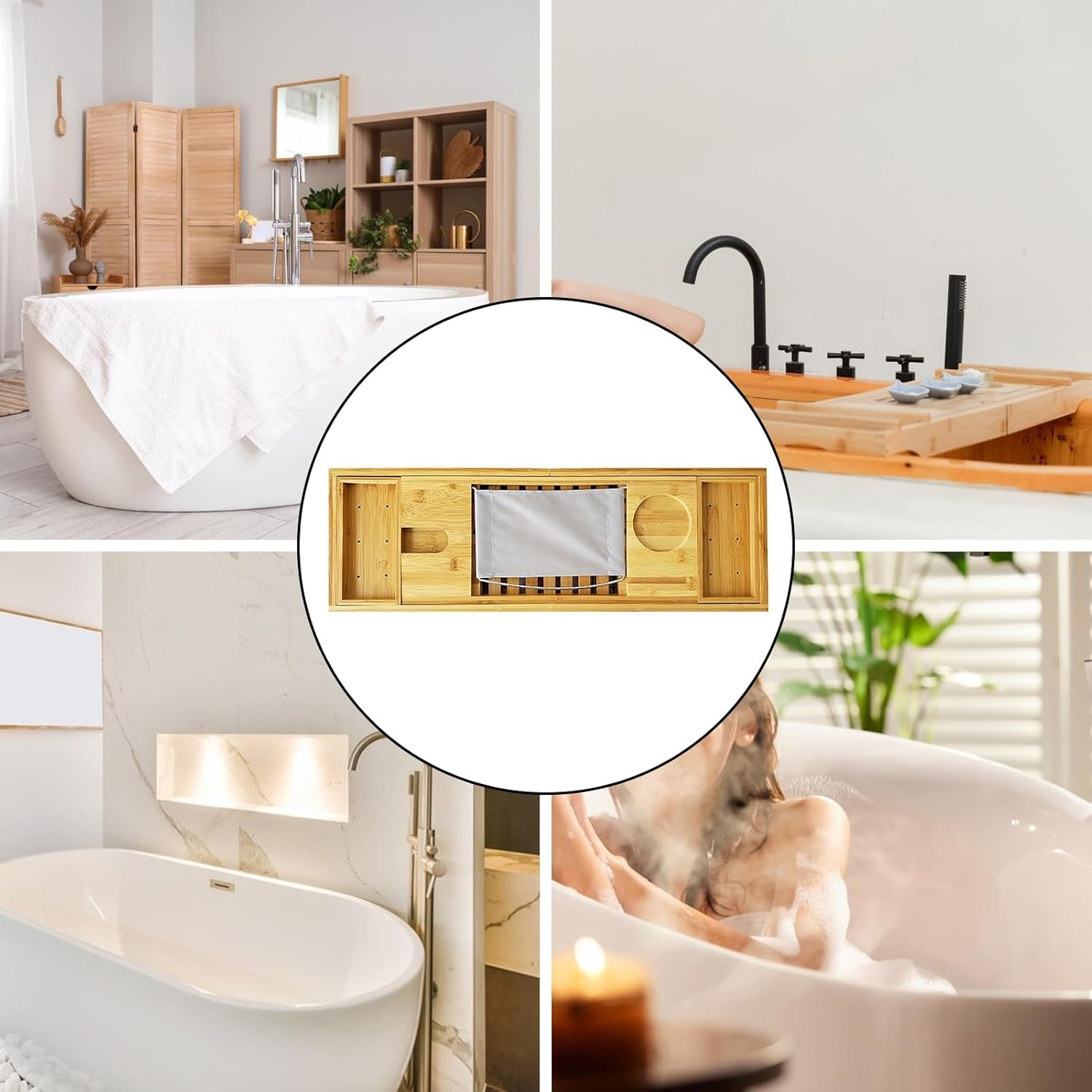 Bathtub Tray Caddy, Bamboo Bath Tub Tray Table for Tub with Wine Glass Holder Book Phone Tablet Holder, Non-Slip Handle Design Adjustable Bath Shelf Multi-functional Bathroom Organizer B