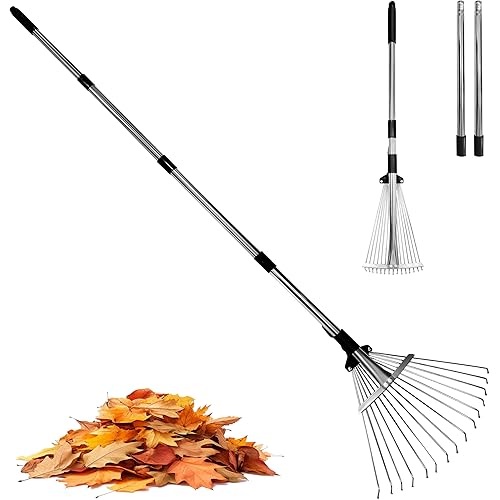 Garden Rake for Leaves,Heavy Duty Metal Adjustable Leaf Rake for Lawns,Long Handle 33"-69" with Expandable Head 8"-15",Garden Tools for Yard Lawn Shrub Garden Beds