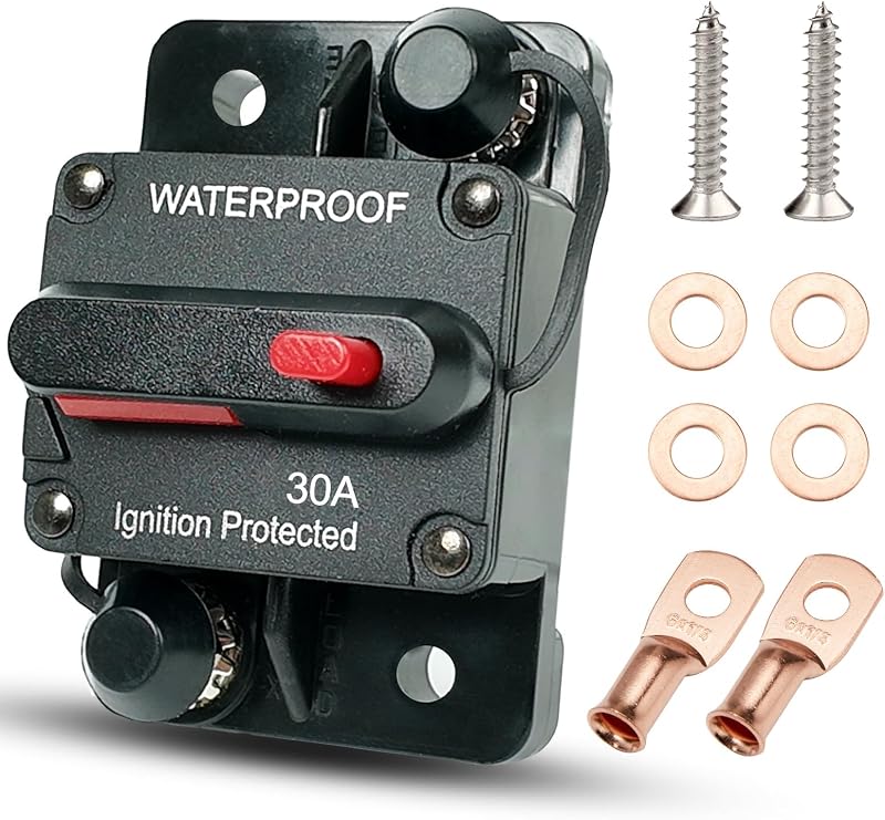 30 Amp Circuit Breaker for Boat Trolling Motor Marine ATV Trailer Vehicles Stereo Audio Electronic Battery Solar System Inline Fuse with Manual Reset Switch Waterproof DC 12V-48V (30A)