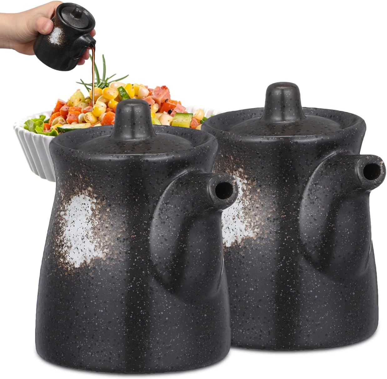 UKCOCO 2Pcs Ceramic Soy Sauce Dispensers: 200ml Japanese Style Soy Sauce Bottle Seasoning Dispenser for Vinegar Olive Oil - Perfect For Kitchen Dining Table (Black)