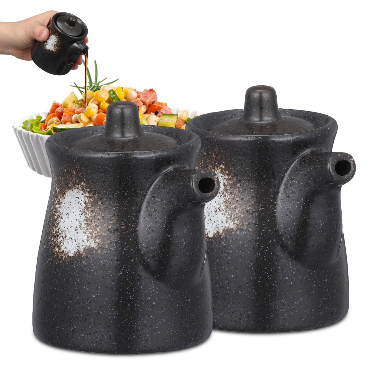 Yardwe Set di 2 dispenser per salse di soia in ceramica, 200 ml, stile giapponese, olio e aceto, nero, per casa e ristorante
