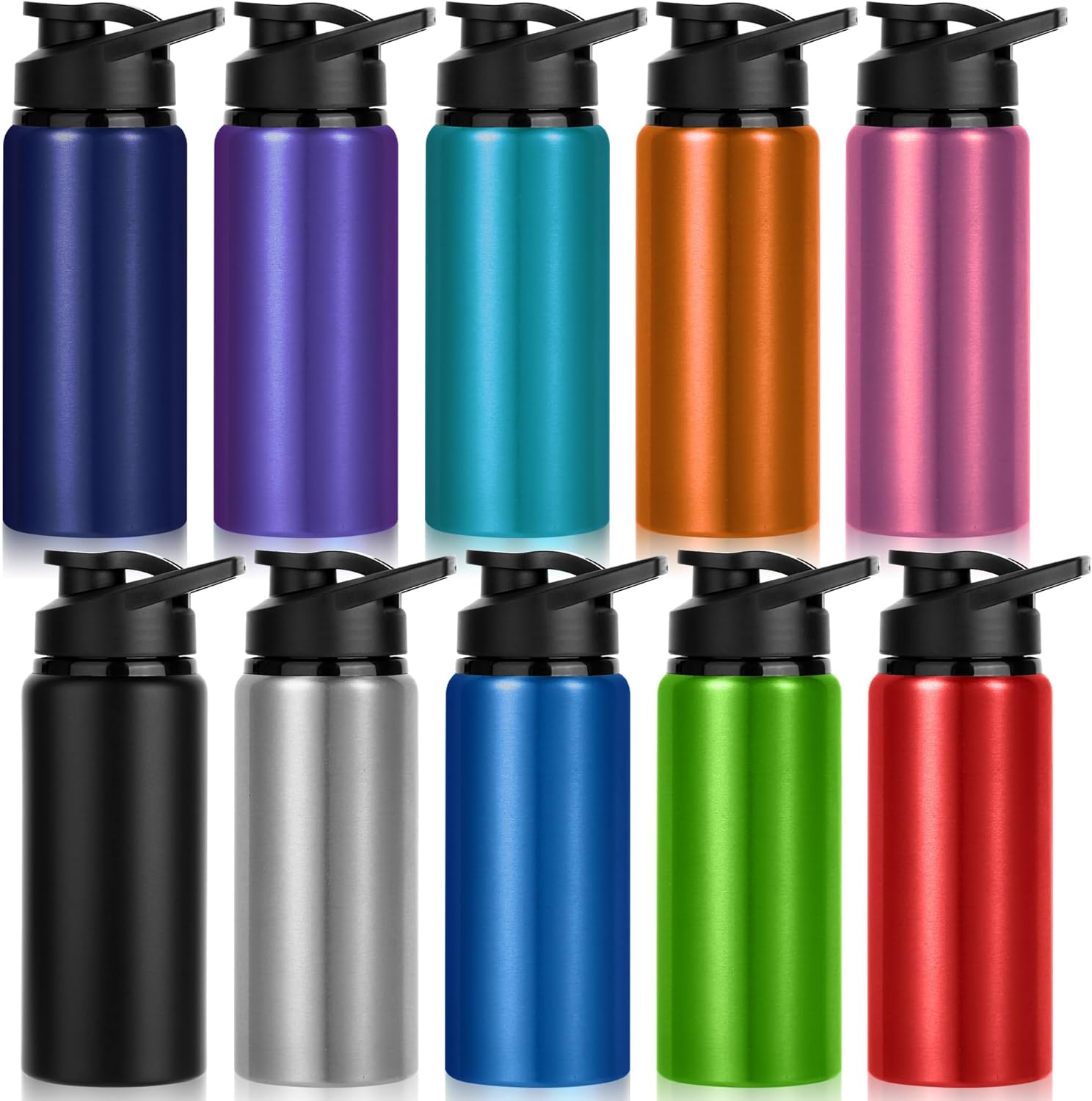 10 Pack Water Bottles Bulk, 20oz Sports Aluminum Water Bottle with Snap Lids Metal Reusable Leak proof Personalized Bottle for Travel Camping Gym Hiking Fishing (10 Colors)