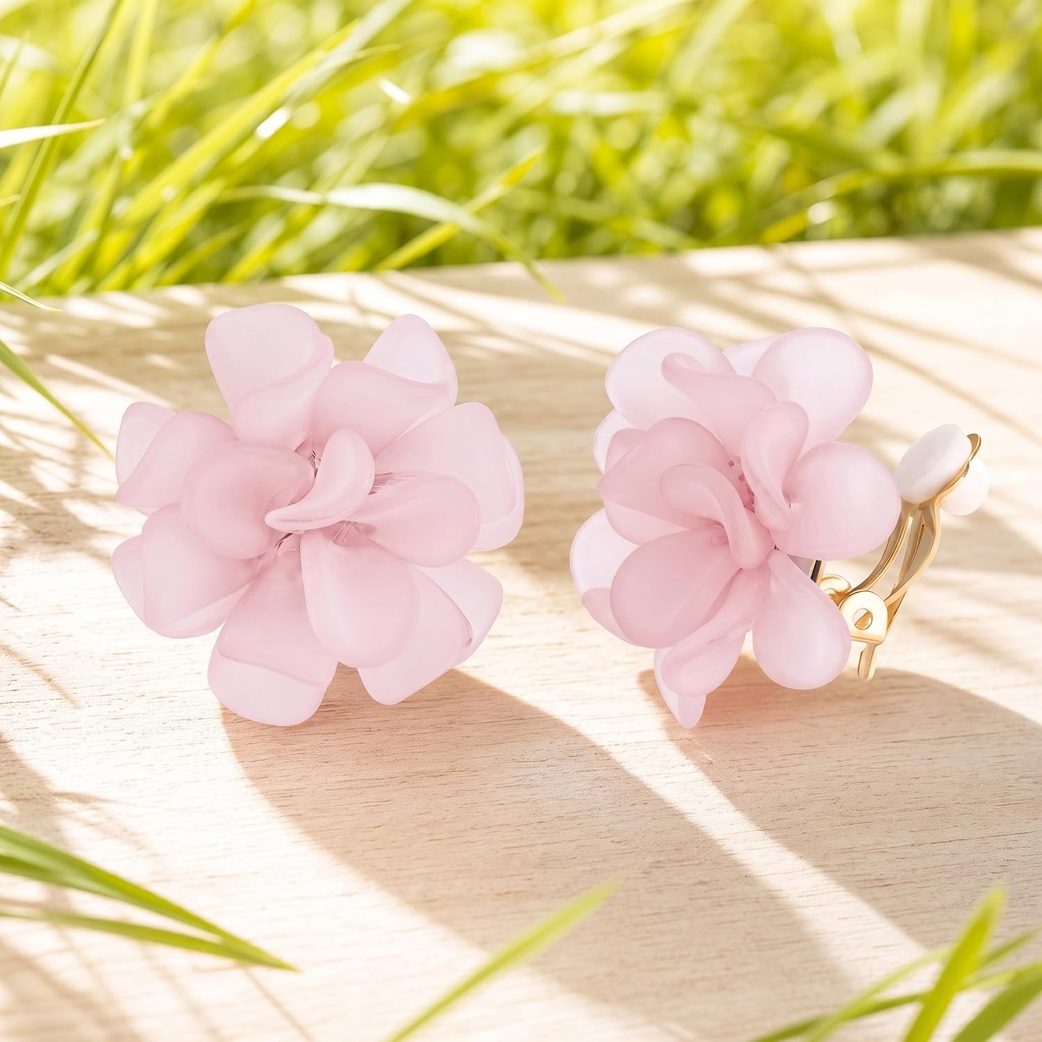 Pink Cute Flower Clip on Earrings No Pierce Fashion Jewelry for Women | Lightweight 7g comfortable feel Sleek polished acrylic design 30mm versatile statement size Perfect for parties & weddings