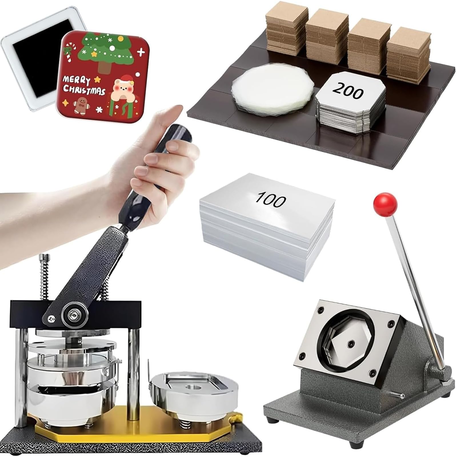 2x2in Square Fridge Magnets Badge Maker Machine, 50x50mm DIY Photo Refrigerator Sticker Magnet Press Machine with Paper Cutter, 200pcs Materials, 100pcs Photo Paper