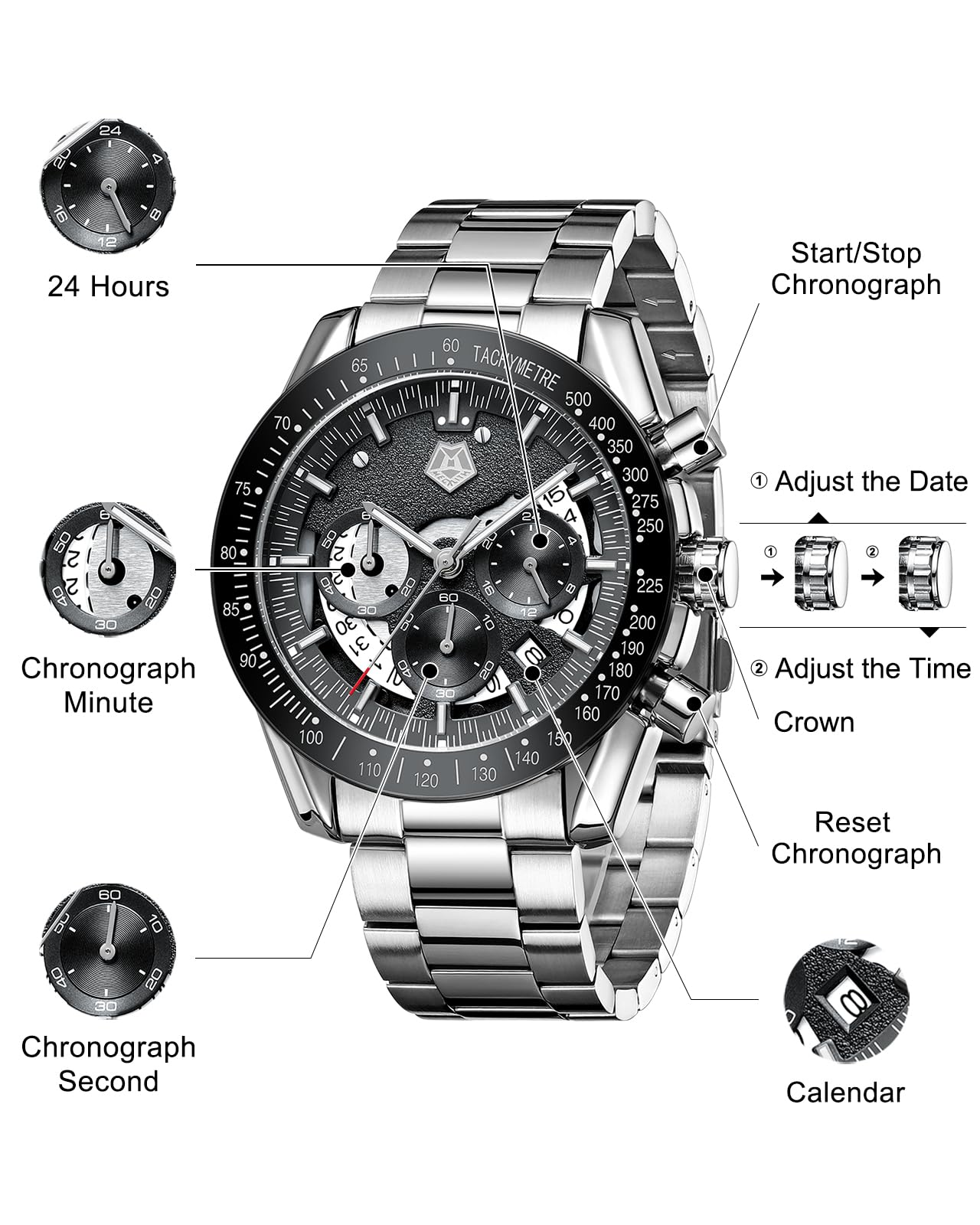 MEGALITH Orologio Uomo Cronografo Acciaio: Quadrante Grande Luminose Data | Elegante Orologi da Polso Analogico al Quarzo Impermeabile per Uomini d'Affari Lavoro Vestito - Regalo per Lui Padre Marito