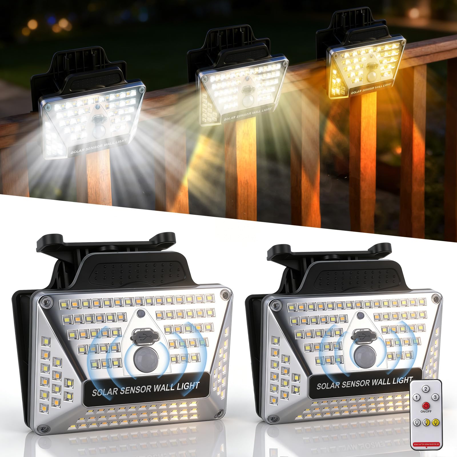 BORUIT 2PC Clamp On Solar Lights Outdoor Garden, No Drilling Damage, 111LED Remote Solar Security Lights Outdoor Motion Sensor, with USB Charging, 3 Modes for Front Door, Garden, Perimeter Walls