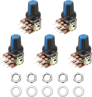 MECCANIXITY 5 Set WH148 B1K Ohm Potentiometer Kit, 6-Pin Split Shaft Rotary Linear Dual Taper Rotary Audio Potentiometer with Knob Nut and Washer for Audio Volume Control, 15mm Shaft, Blue