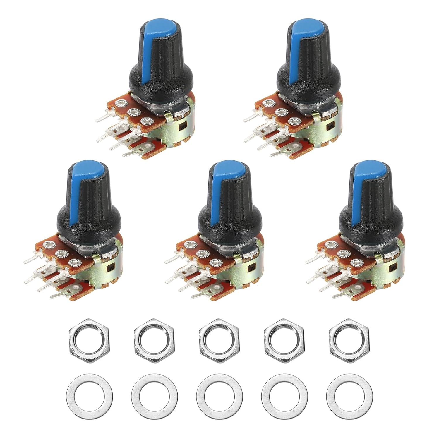 MECCANIXITY 5 Set WH148 B100K Ohm Potentiometer Kit, 6-Pin Split Shaft Rotary Linear Dual Taper Rotary Audio Potentiometer with Knob Nut and Washer for Audio Volume Control, 15mm Shaft, Blue
