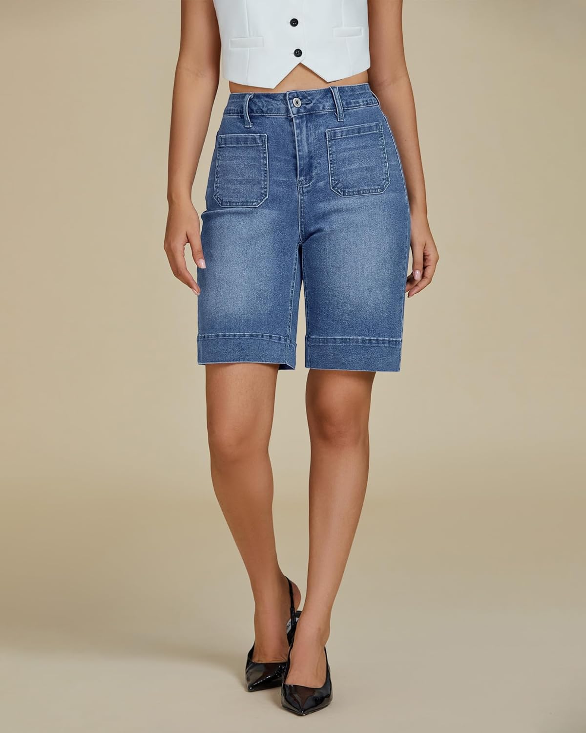 luvamia Bermuda Shorts for Women High Waisted Trendy Patch Pocket Casual Vintage Long Stretchy Denim Shorts Summer Jorts - Image 2