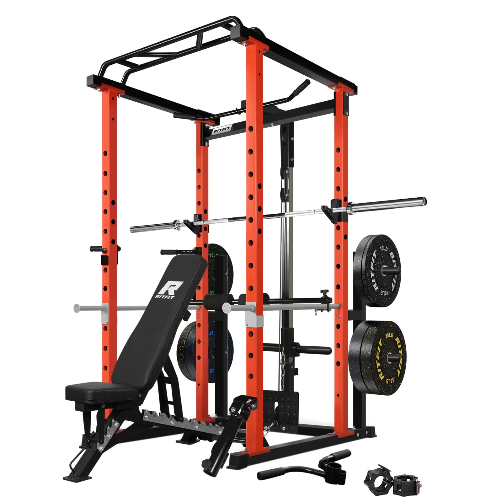 RitFit Squat Rack Power Cage Home Gym Package, Includes 1000LBS Power Rack with Cable Crossover System, Weight Bench, Weight Plate Set with Olympic Barbell (PPC02 Package 1.6K (FBP 230LBS))-Orange