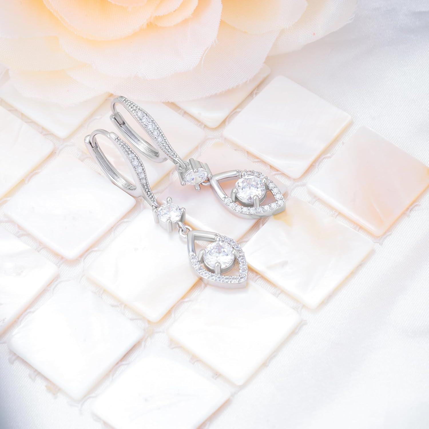 Sterling Silver Leverback Earrings - Sparkling Cubic Zirconia Teardrop Dangle Earrings Hypoallergenic Classic Waterdrop Dangling Earring Gifts for Her Mom Wife - Image 3