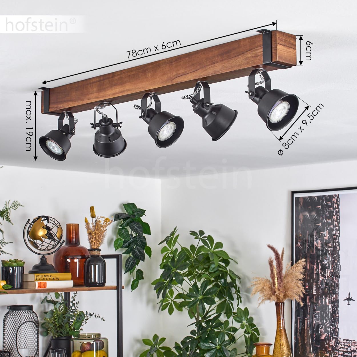 HOFSTEIN Deckenleuchte Safari, verstellbare Deckenlampe aus Metall/Holz in Schwarz/Natur, Leuchte im Industrial/Retro/Vintage-Design, Holzbalken, 5 x GU10, Wohnzimmer, Esszimmer, Schlafzimmer, Küche