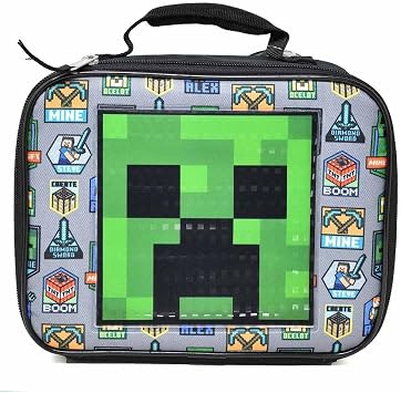 Bioworld Minecraft Rectangle Lunch Bag with Face and Badges, Insulated Lunch Box with Handle