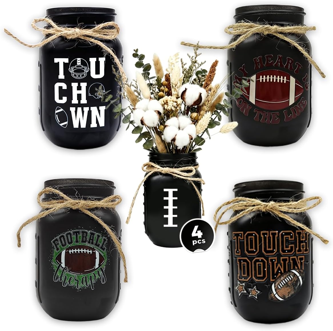 4Pcs Football Decor Table Centerpieces Decor Football Decoration for Home Vase Mason Jars Touch Down Rugby Day Table Rugby Party Decorations Decoration with Sticker for Sports Party