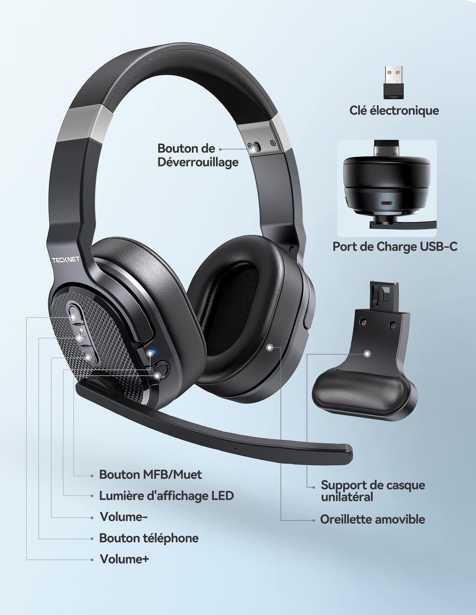 TECKNET Casque Bluetooth sans Fil avec Micro, Casque sans Fil Simple et Double Oreille avec 3 Modes de Musique EQ, Casque Anti Bruit Bluetooth ENC, pour Centres d'appels, Bureaux, Camionneurs