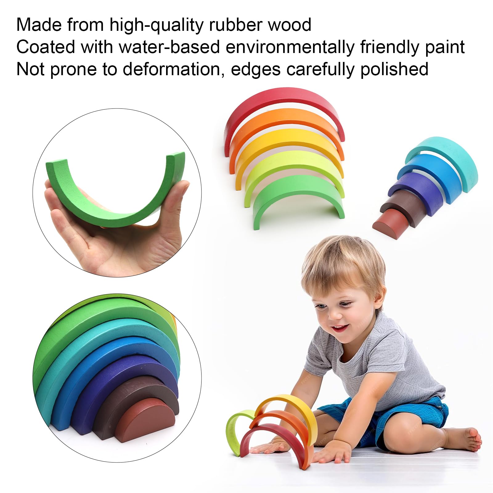 Jouet arc-en-ciel en bois, blocs de construction en bois empilables pour enfants (10 couleurs)