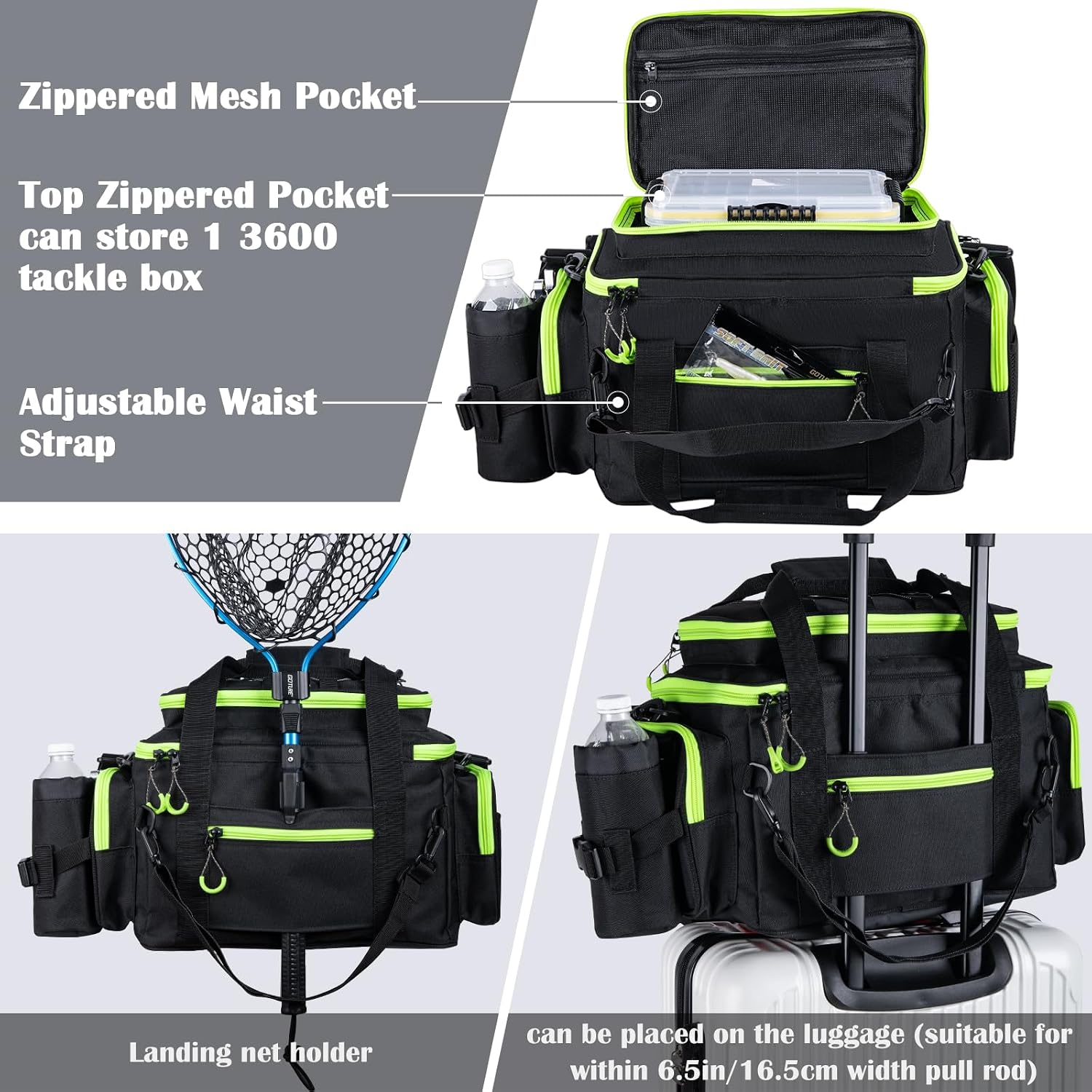 Goture Fishing Tackle Bag with 2pcs 3600 Tackle Boxes, 600D Water-Resistant Soft Side Saltwater Gear Storage Fishing Bag with Rod Straps, Detachable Water Bottle Pouch, Waterproof Bottom, SBS Zippers