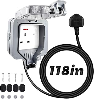 1 Gang Weatherproof Outdoor Sockets with 3M Extension Cable IP66 Waterproof Single External Power 1 Way Wall Electrical Outlets Fused Protected Switched Socket Cover Box 13A Outside Plug Sockets