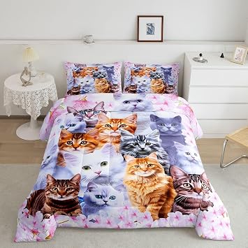 Feelyou Kids Cartoon Toddler Bedding Set Cute Animal Flowers Comforter Set Boys Girls Pink Comforter Cat Decor Quilt Set with 1 Pillowcase 2Pcs Twin Bedding
