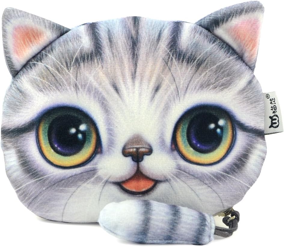 New Fantastic Cute Lifelike 3d Cat Face Bag Zipper Case Coin Money Wallet,Grey