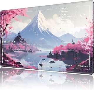 Playmat for MTG with Zones, Game Play Mat for MTG TCG 24 x 14 inch with Non-Slip Rubber Base and Stitched, 3-Zones, Mt Fuji and Cherry Blossom