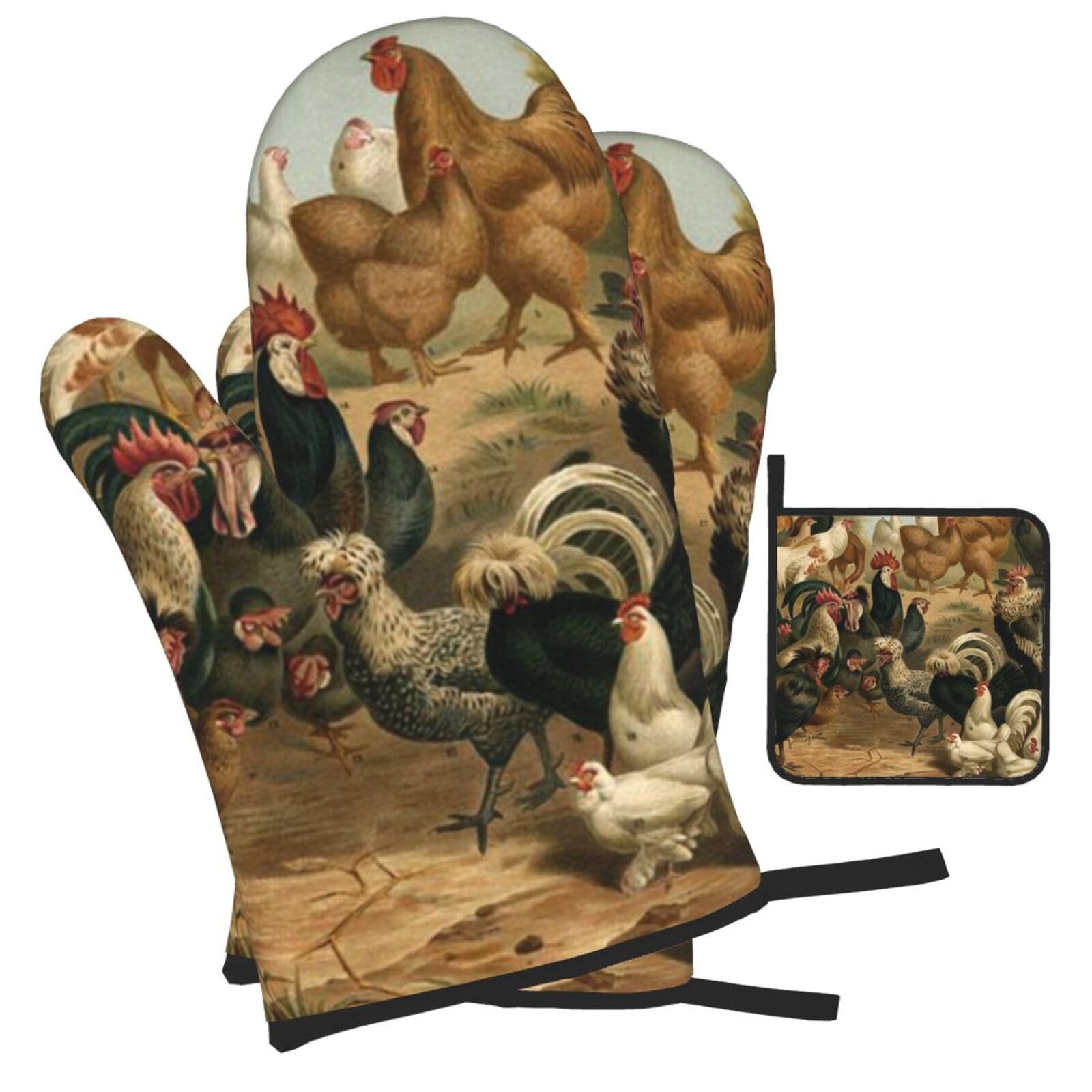 Chicken And Rooster Print Printed Oven Mitts and Pot Holders Heat Resistant Set of 3 Pcs, Modern Kitchen Gloves & Potholders for Cooking Baking Grilling