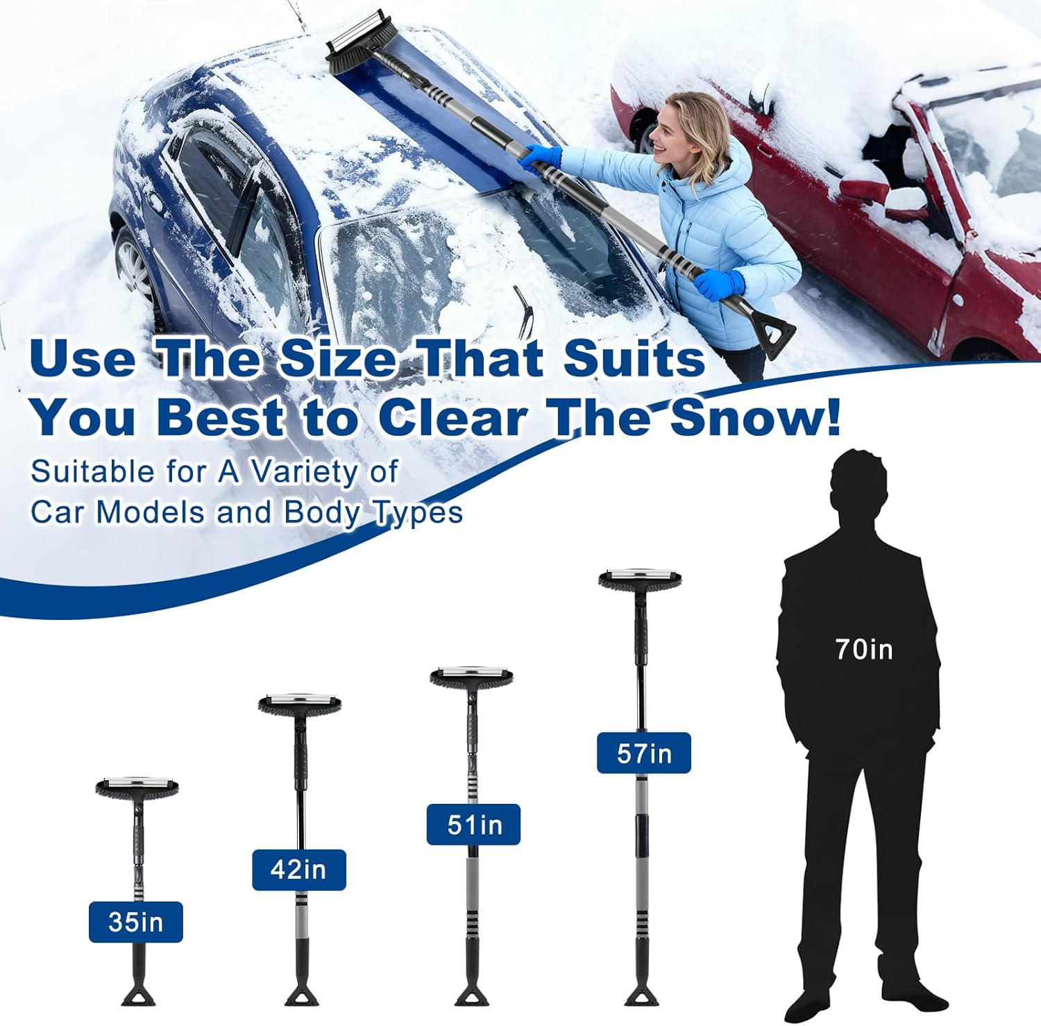 57" Extendable Long Snow Brush with Ice Scraper for Car Truck SUV Van - Soft Squeegee with 270° Pivoting Brush Head for Windshieldand Window - Snow Scraper with Antifreeze Gloves