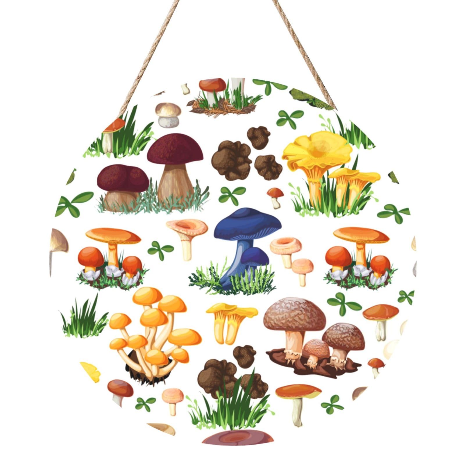 InOmak Japanese Painting Mushroom, Round Wood Panel Painting 12 in, Wall Hanging Painting For Home