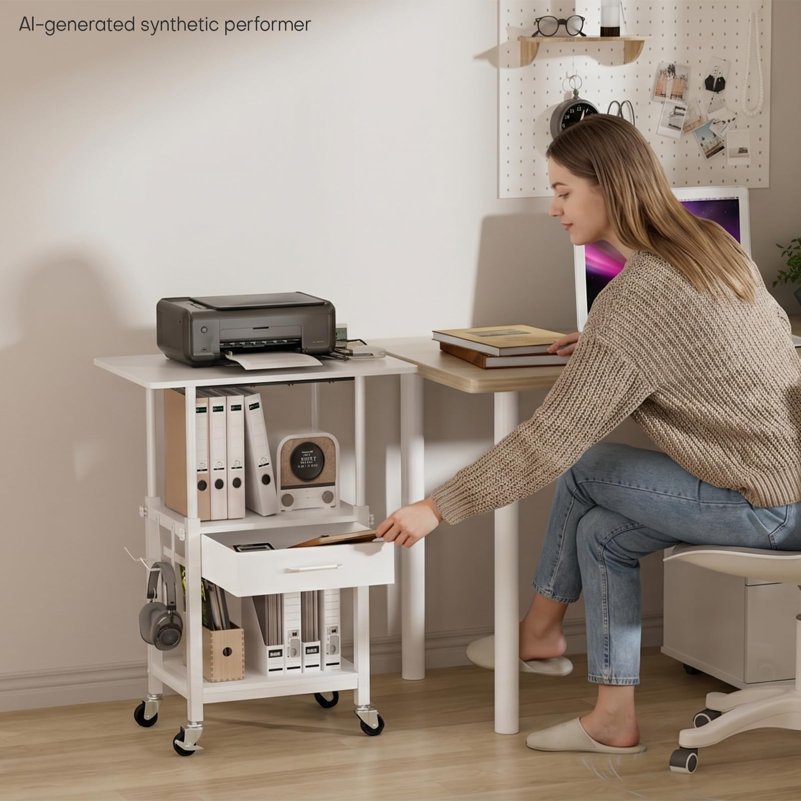 Yorbay Carro Móvil para Impresora de Oficina: 3 Niveles y 1 Cajón | 3 Pisos para Impresora Escáner y Archivos - Estudio Oficina Salón - Ajustable 2 Compartimentos 2 Ganchos 2 Frenos - Blanco