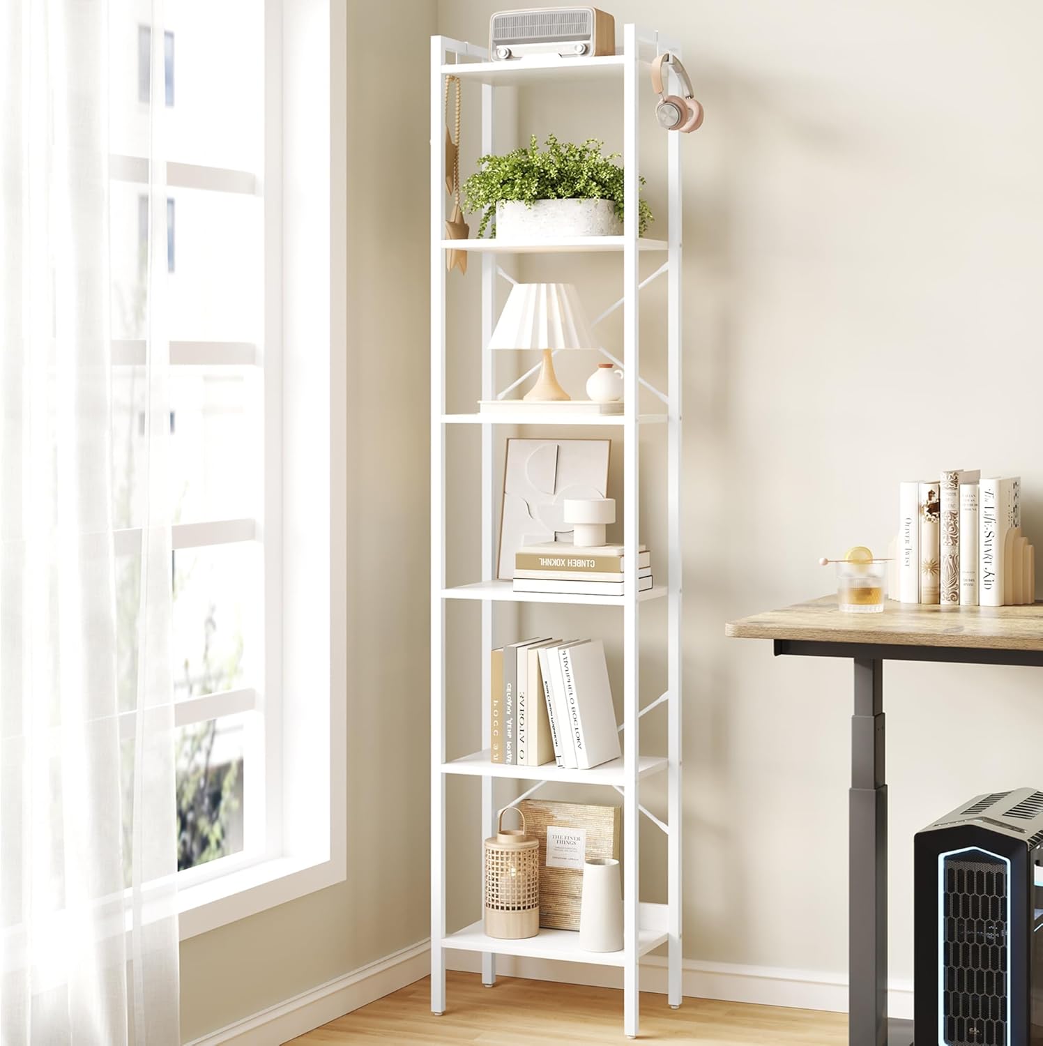 Bookshelf, Book Shelf, Industrial Bookcase with 2 Hooks, Coner Shelf Storage Organizer for Home Office, Living Room, Bedroom, Kitchen, 6-Tier White BC10713W