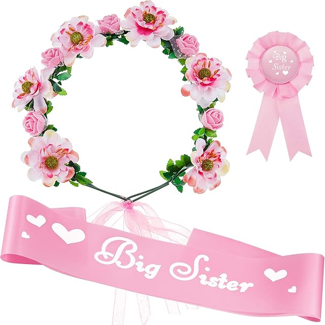 WILLBOND 3 Pieces Big Sister Accessory Set, Include Big Sister Satin Sash, Badge Pin and Flower Crown for Baby Shower Big Sister to be Party (Pink)