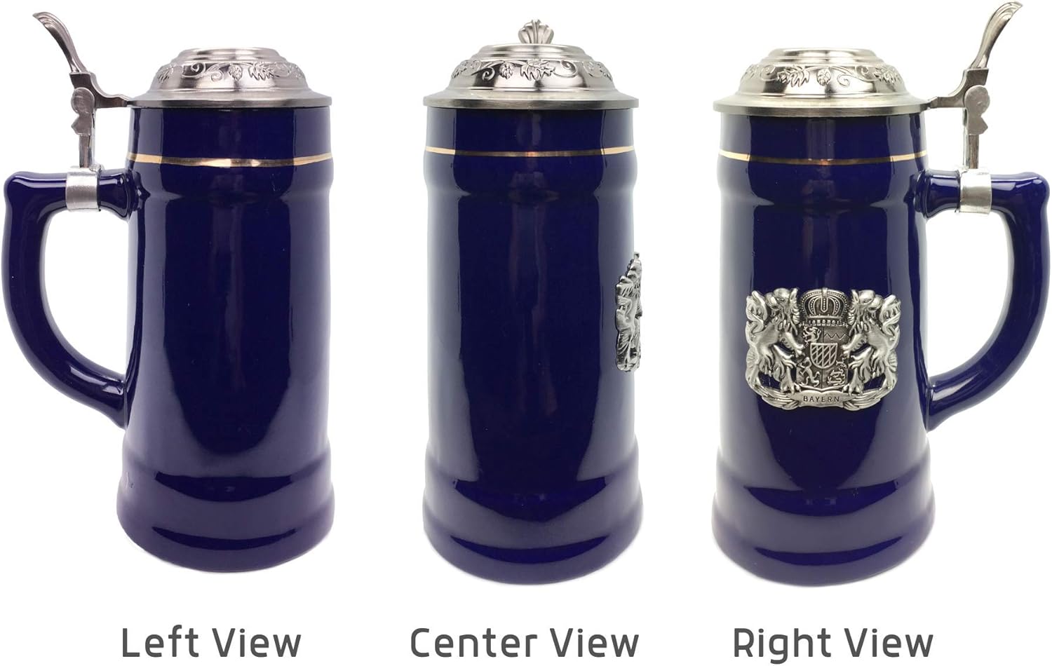 0.75 Liter | OktoberfestHaus Beer Lover Gift Beer Stein Tankard Medieval German Bavarian Coat Of Arms With Germany On Metal Emblem Bier Krug Cobalt Blue Ceramic Mug With Lid
