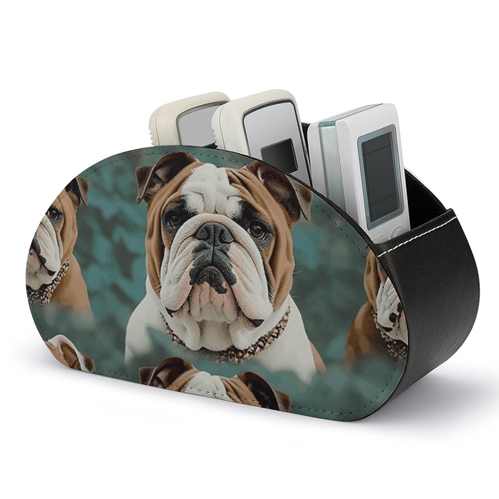 VstaDank Funny English Bulldog Remote Control Holder with 5 Compartments PU Leather Remote Caddy Desktop Organizer Store TV Remote Control Storage Box for Home Office Desk Nightstand