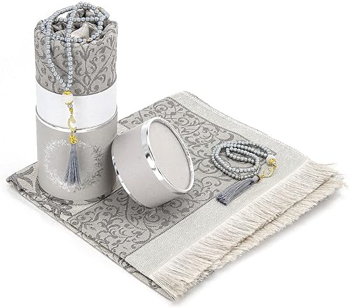 Miniatura 12 de ihvan online Alfombra de Oración Musulmana y Cuentas de Oración con Diseño Elegante en Caja de Regalo Cilíndrica, Janamaz, Sajadah Suave, Juego de