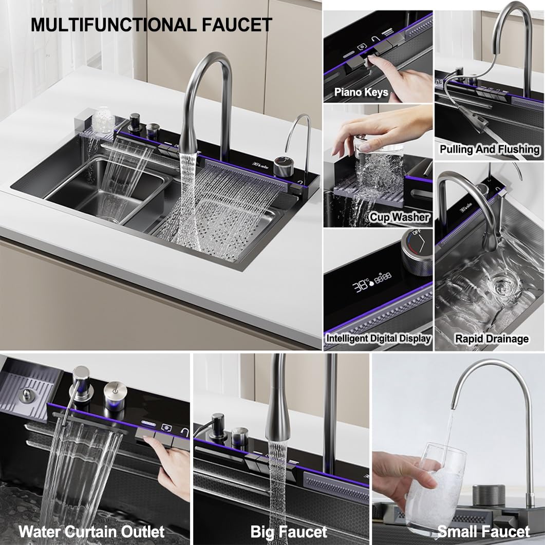 Lavello da cucina grande grigio nero, con display della temperatura a LED, rubinetto a cascata, rubinetto per bere, lavatazze e manopola di scarico, lavello da bar a vasca singola in acciaio inossid