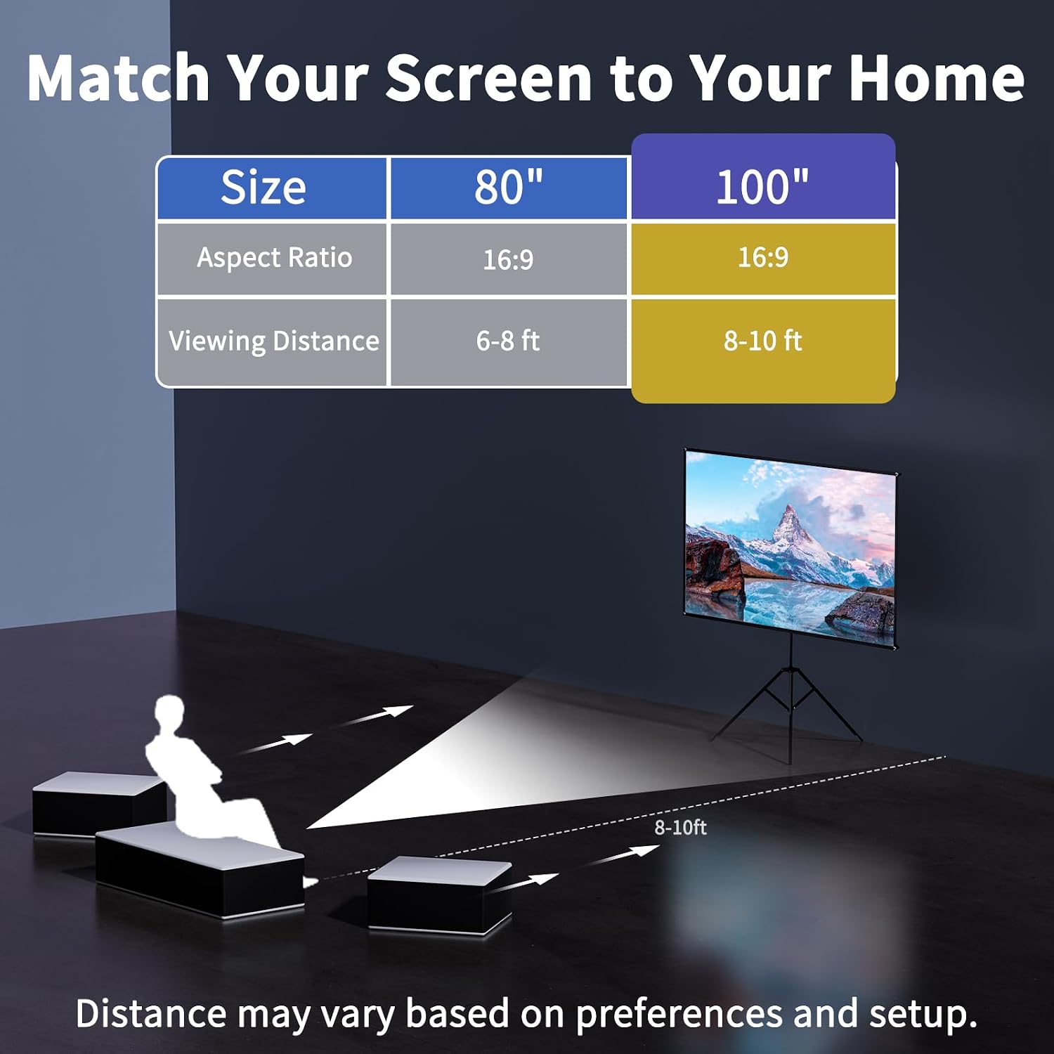 WASJOYE Proiector Screen with Stand 100" - 16:9 4K HD Portable Proiector Screen, 1.2 Gain Indoor Projector Screen, Easy Setup and Carrying, for Home Cinema, Backyard Party Office TV Game