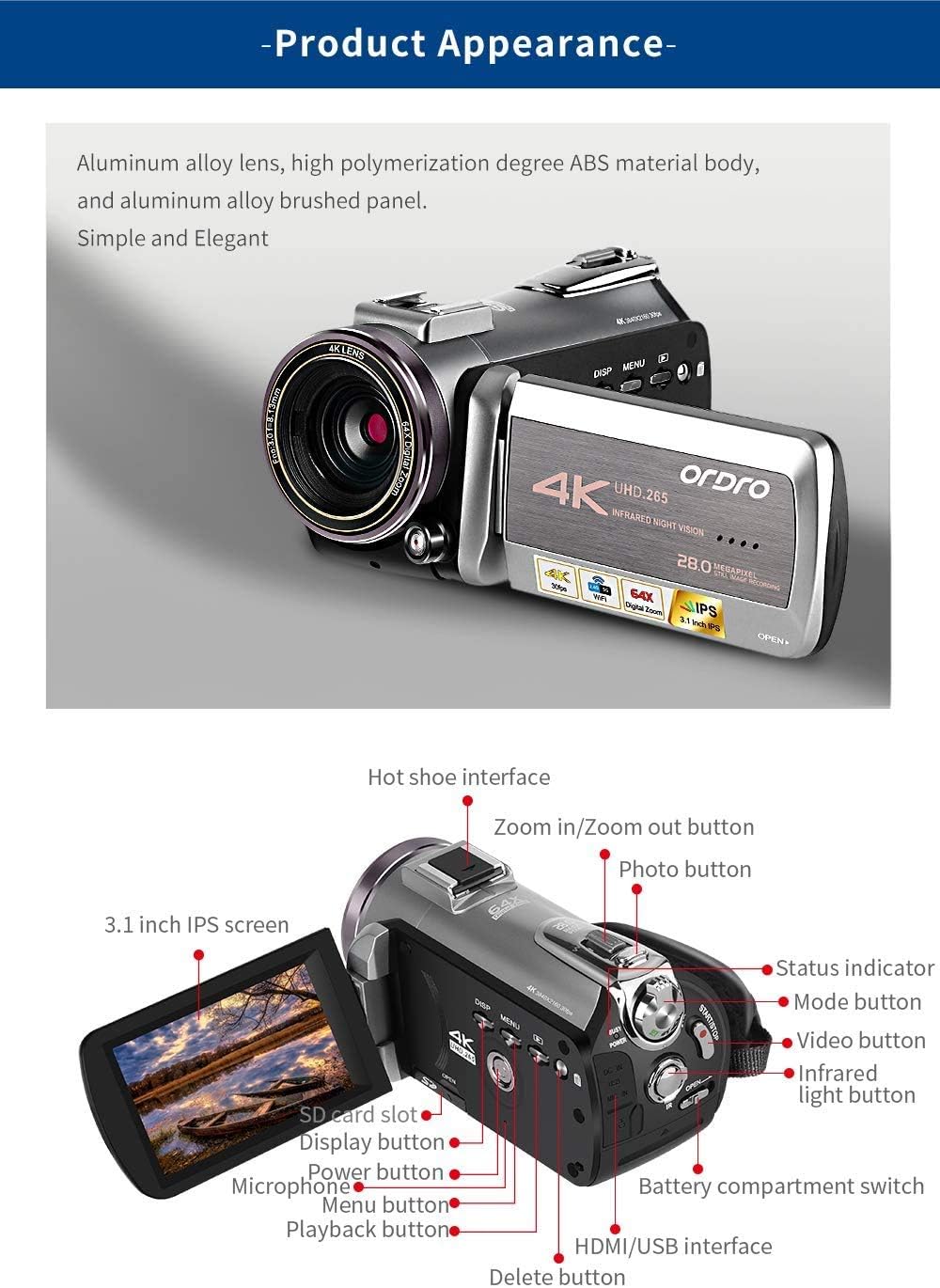 ORDRO AZ50 Camcorder Controls and Ports