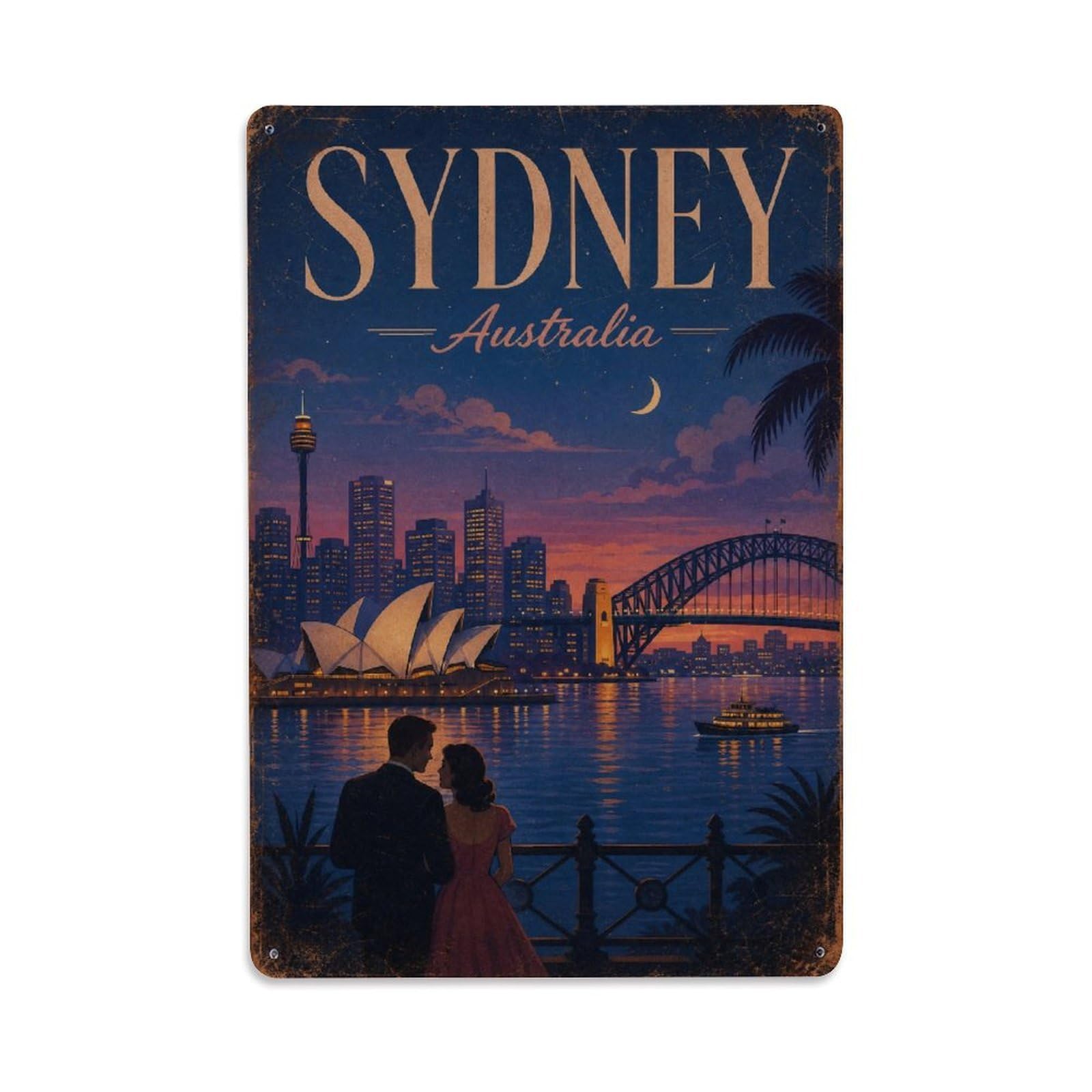 Heritage Sydney Australia Coastal Night Harbor Travel Metal Tin Sign