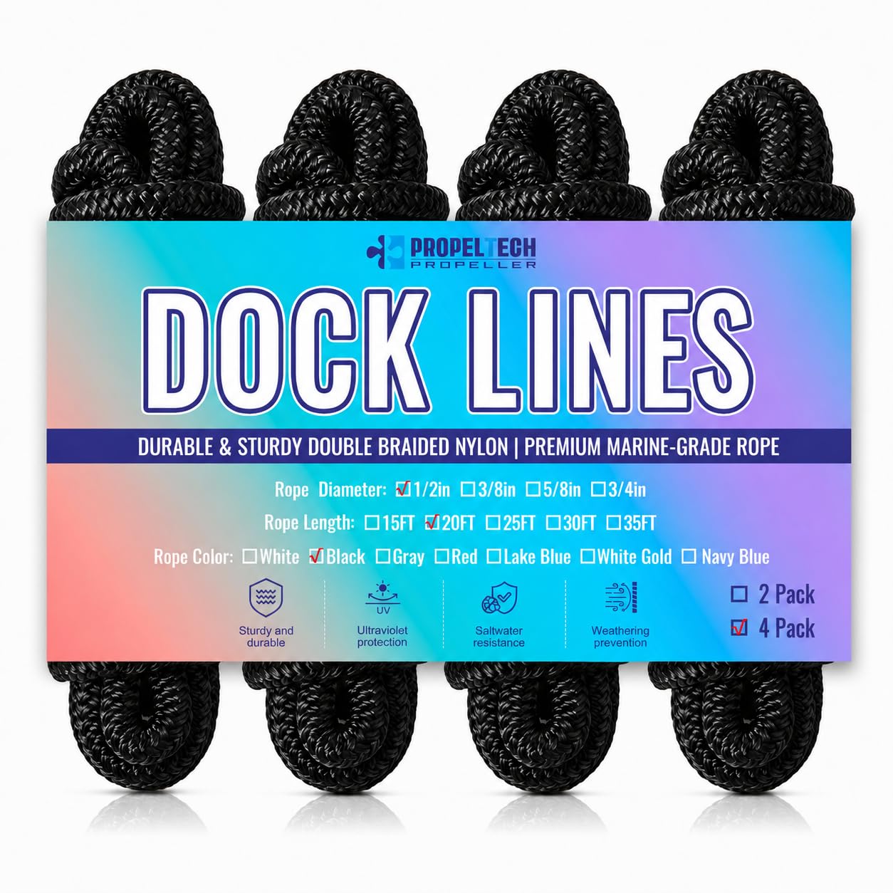 4 Pack 1/2" x 20' Dock Lines, Improved Nylon Boat Ropes, Black