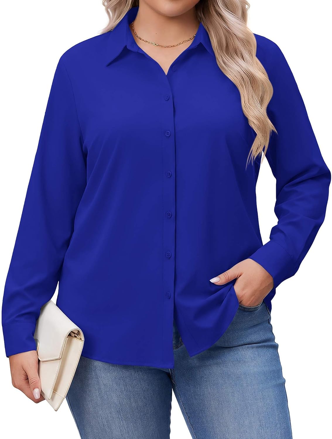 IN'VOLAND Women Plus Size Button Down Shirts Long Sleeve Shirt Office Tops | Stretch Dress Shirts Wrinkle Free Shirt Button Up Shirt Collared Casual Shirt Office Work Blouse Tops Fall Fashion Clothes