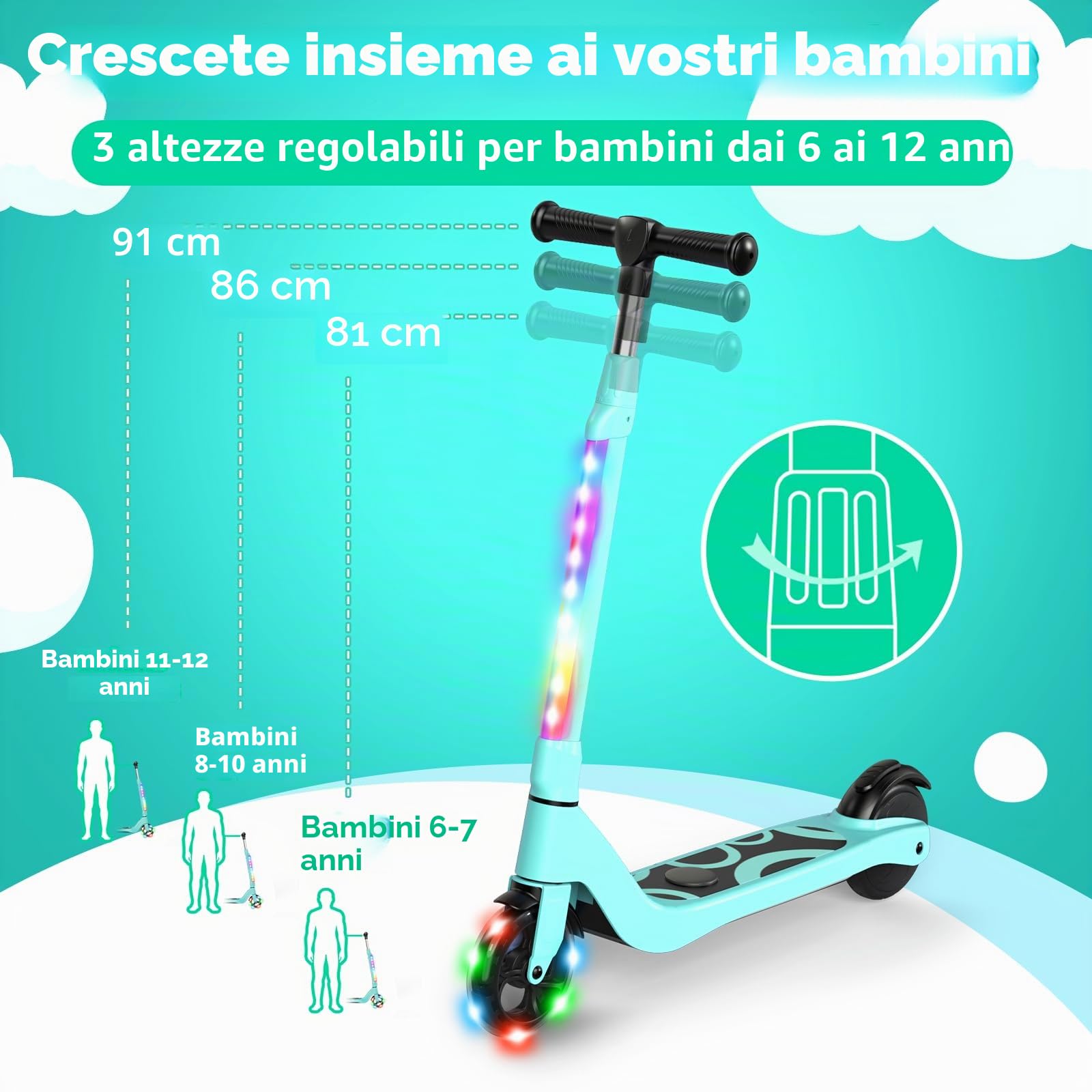 SISIGAD Trotinette Elettrico Bambino 6-8-10-12 Anni Scooter Elettrico Bambino 5.3 Pollici con Luce LED Colorata & 3 Altezze Regolabili, Scooter Elettrico Bambino Carica Max 70 Kg, Velocità Max 10 Km/h