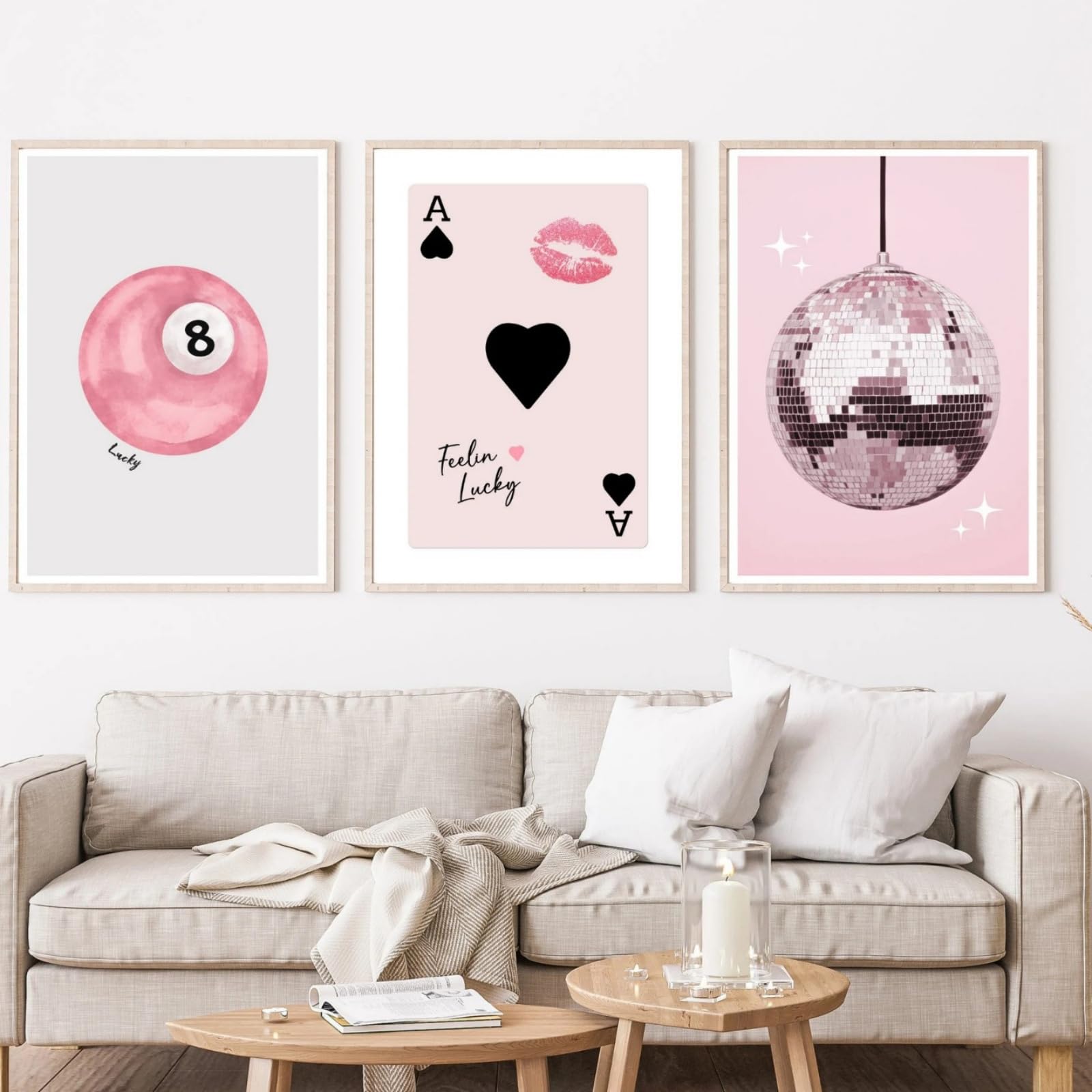 JORCEDI Y2K Poster Set of 3, Pink 8 Ball Disco Ball Playing Card Canvas Wall Art, Coquette Preppy Aesthetic Room Decor, 21x30, 30x40, 40x50, 50x70 cm, Unframed (50x70 cm,A)