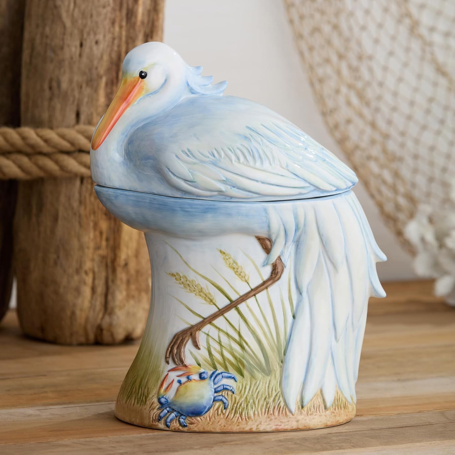 Coastal Birds 3D COOKIE JAR, Ceramic artist-designed Wetland Pelican Bird Canister with Lid, Blue Sky Marsh Scene, Coastal Kitchen Storage Decor