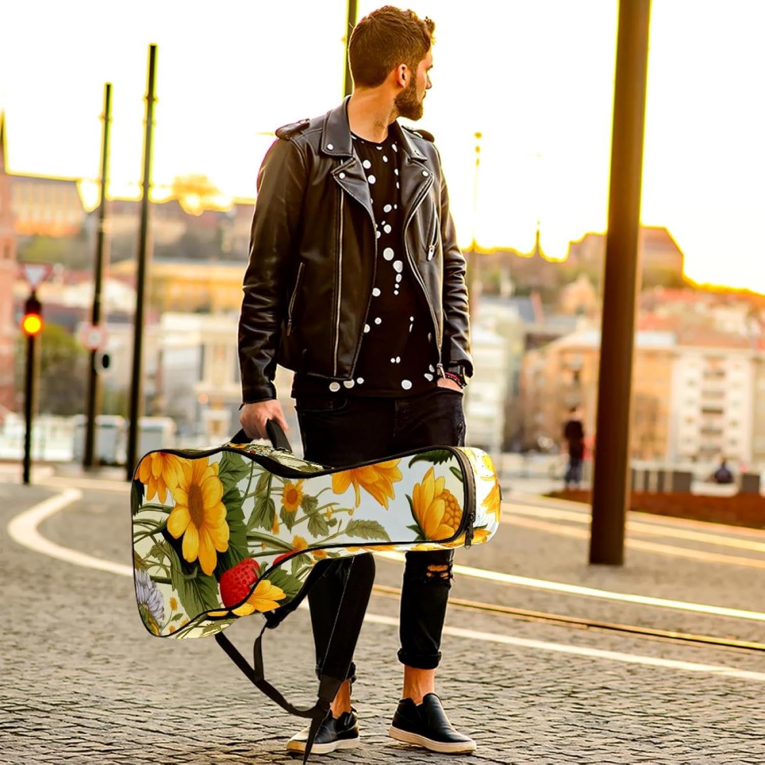 Acoustic Guitar Gig Bag 1 cm Thick Padding, Waterproof Electric Guitar Bag 40-42 Inch Guitar Case Backpack with Dual Shoulder Strap, Strawberry Plant with Leaves Yellow Sunflowers