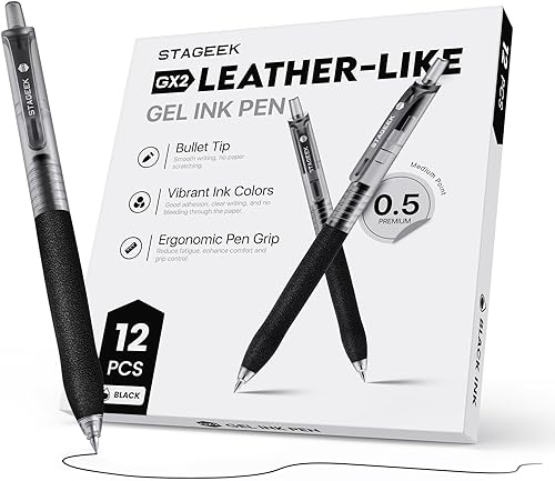 0.5mm Bolígrafos de Gel de Punta Fina de Escritura Suave, 12 Piezas de Bolígrafos de Tinta Negra, Bolígrafos de Gel Retráctiles de Aspecto de Cuero