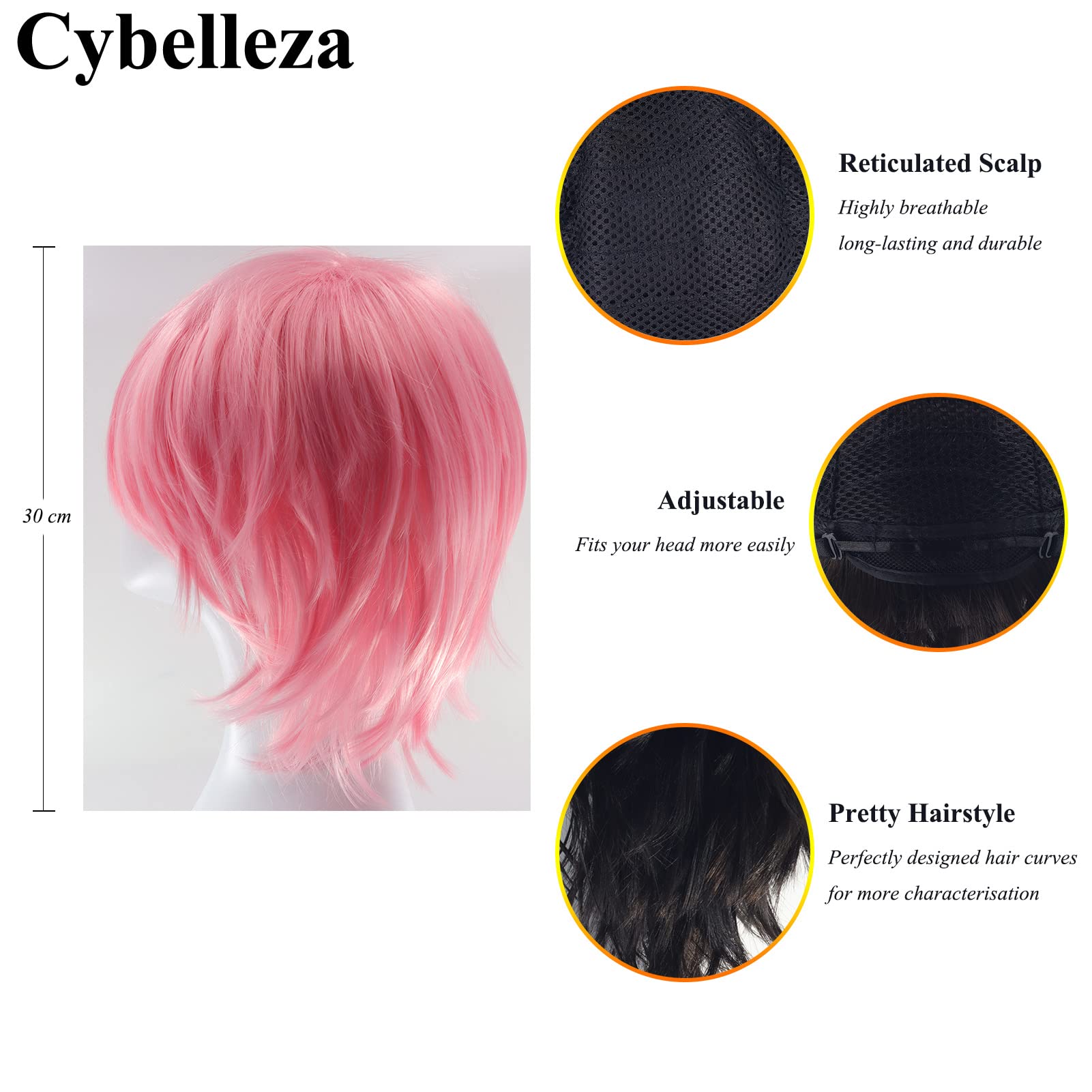 Cybelleza Anime Cosplay Wig - Short Pink Synthetic Curly Straight Layered Fluffy Halloween Costume Party Carnival Wig with Free Cap - Image 2