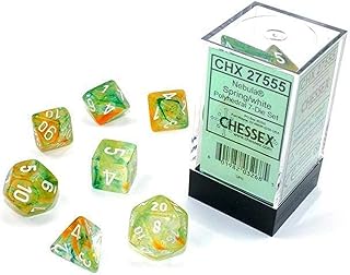 DND Dice Set-Chessex D&D Dice-16mm Nebula Spring and White Luminary Plastic Polyhedral Dice Set-Dungeons and Dragons Dice Includes 7 Dice - D4 D6 D8 D10 D12 D20 D%