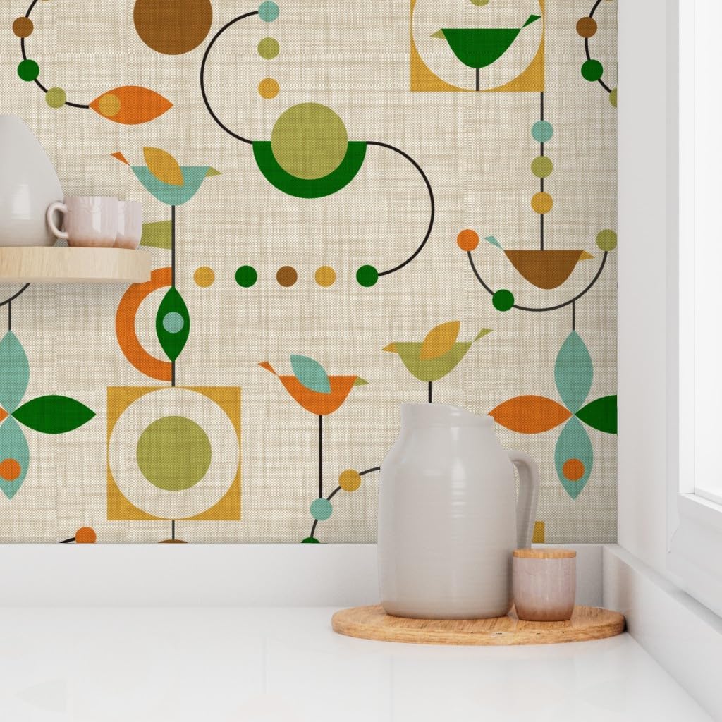 Removable Wallpaper Swatch - Green Bright 1950S Atomic Dots Birds Abstract Mid Century Modern Custom Pre-Pasted Wallpaper by Spoonflower